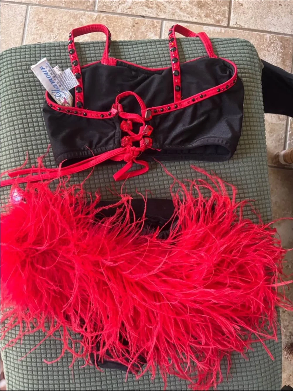 Glamour dance costume black Bra & Brief Set with Red Gem and Feather Accents